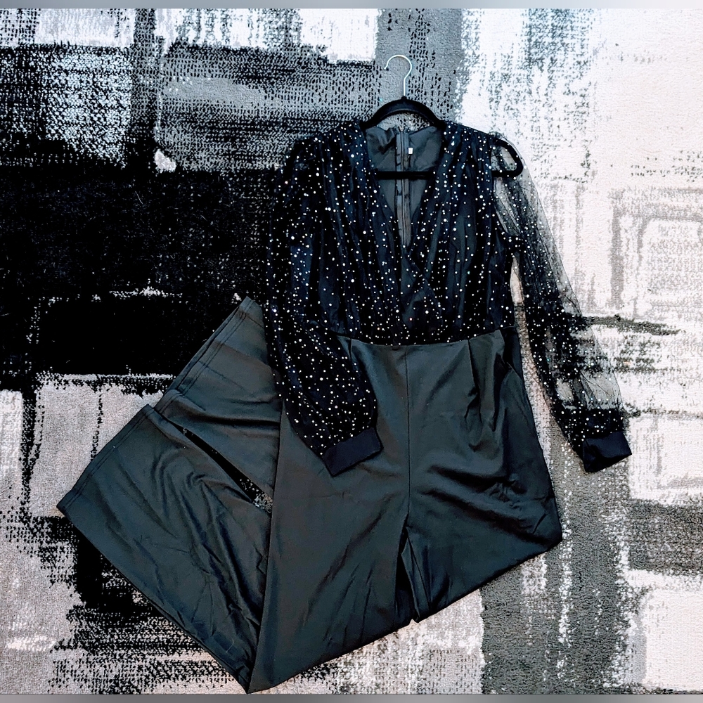 Black jumpsuit dressy, see through sparkle sleeves, low cut XL
